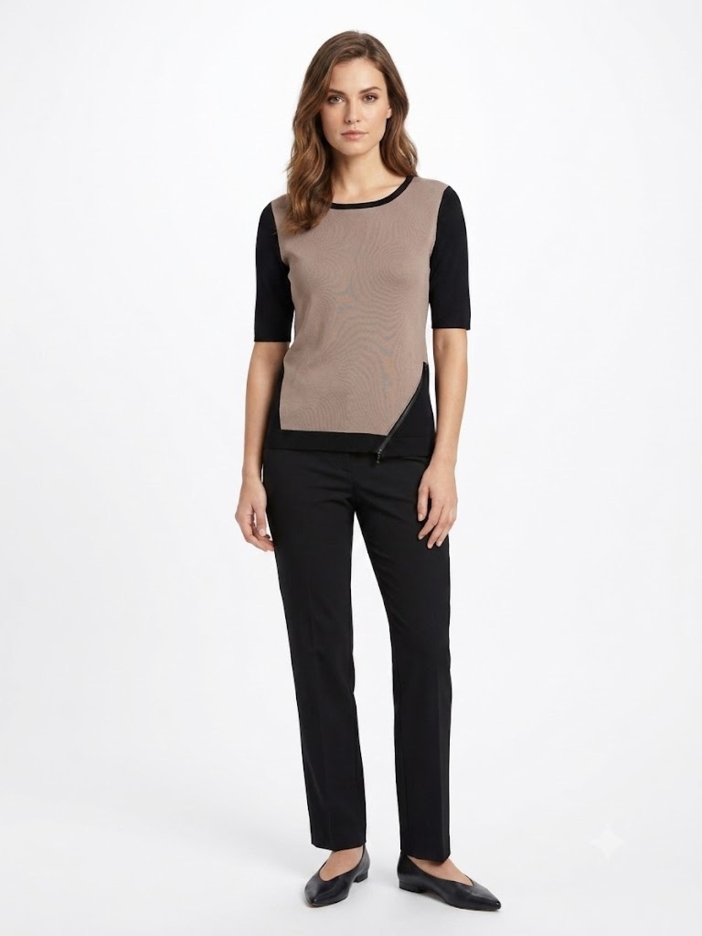 White House Black Market Taupe and Black Knit Top with Zip Accent